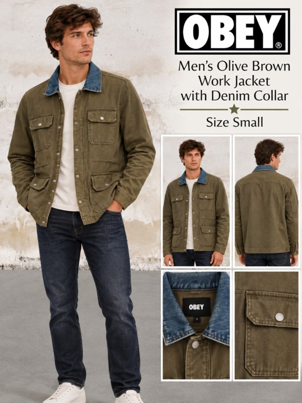 OBEY Men's Olive Brown Work Jacket with Denim Collar Size Small